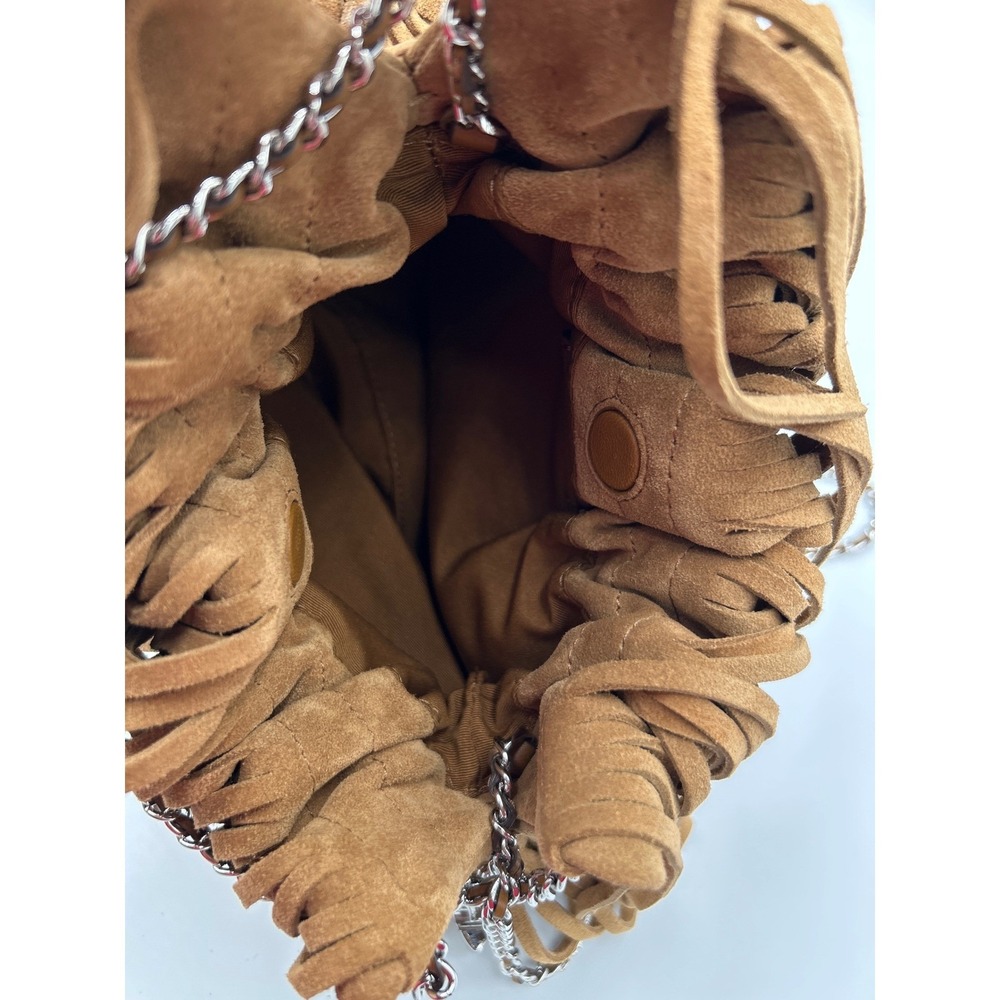 Tory Burch Mini Fleming Suede Fringe Hobo Bag Wild Tobacco Brown Silver Chain - Picture 7 of 11